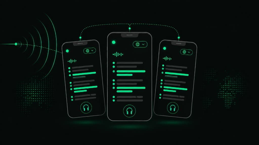 Illustration of phones showing live captions in different languages