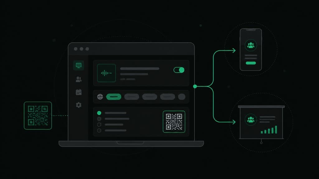 Illustration of an organizer dashboard sharing links to a phone and a room display