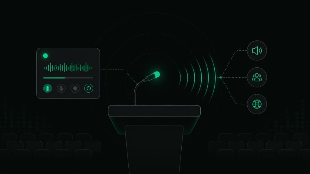 Illustration of a microphone at a podium broadcasting live audio waves