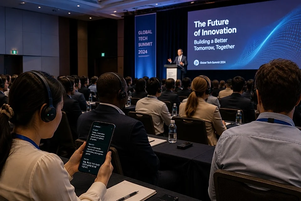 Conference attendees reading live translated captions on a phone