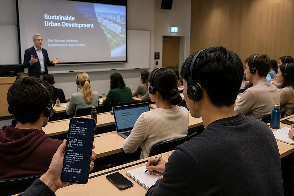 Students in a classroom following a lecture with live translation