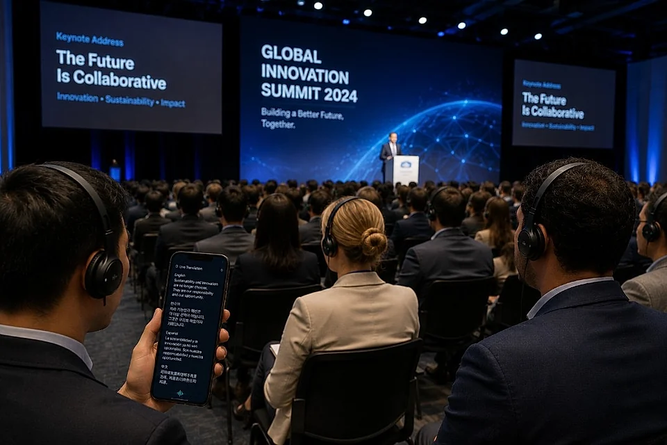 Summit audience listening to a keynote with live translation