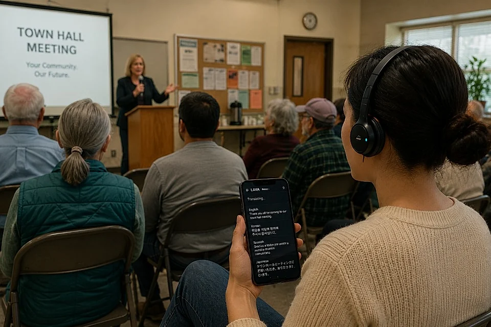 Town hall attendee reading live translated captions on a phone