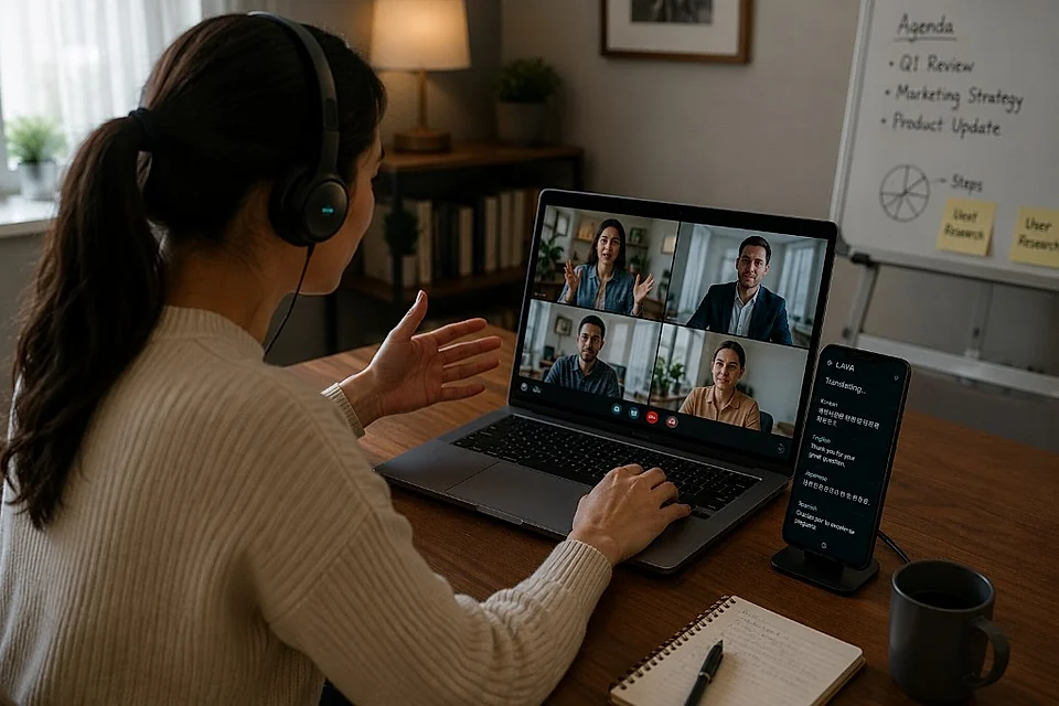 Remote presenter on a video call with live translation beside the laptop