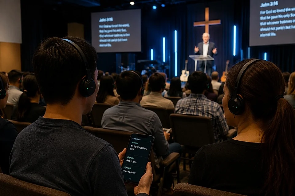 Congregation members following a sermon with live translation on a phone